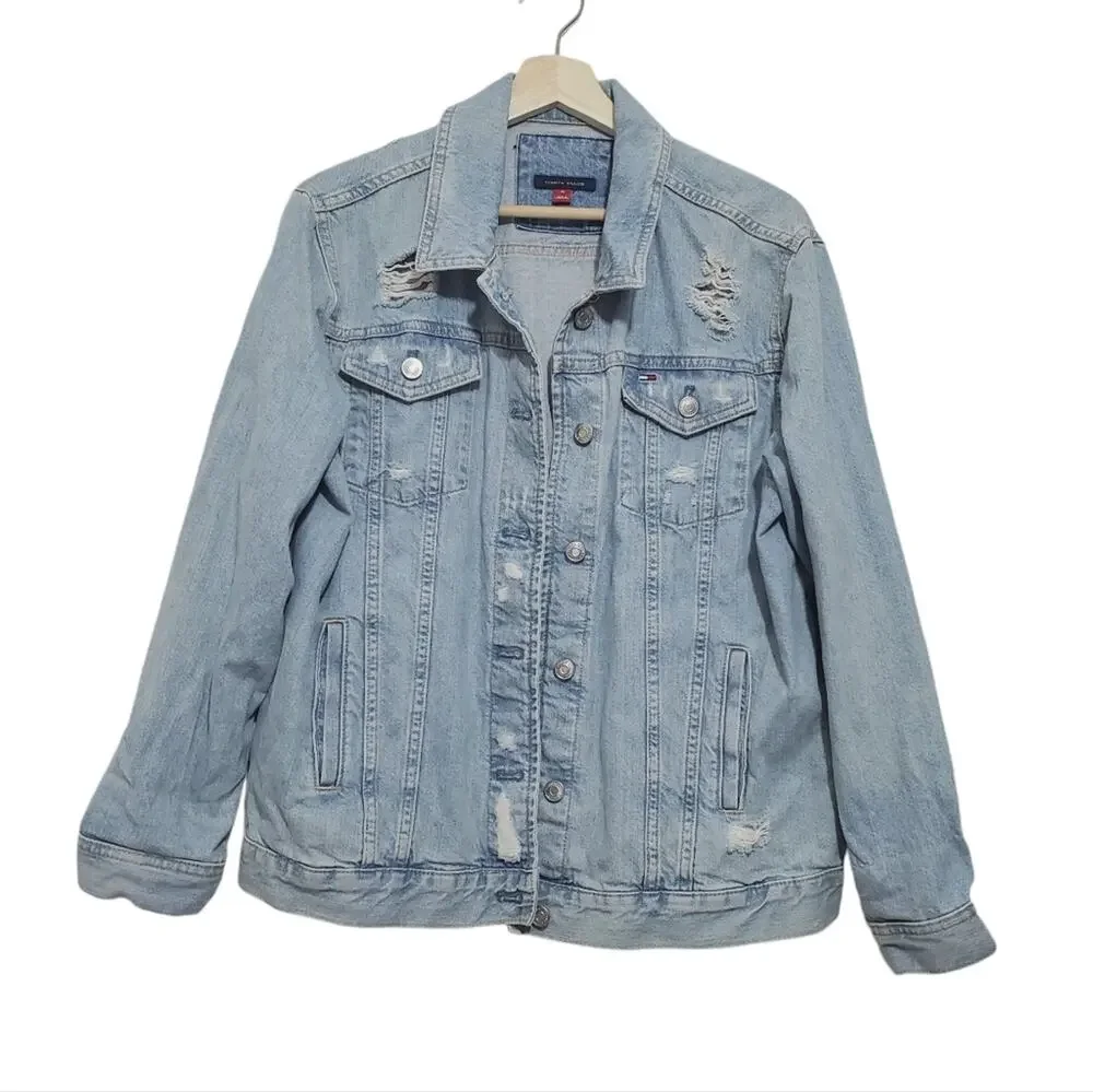 Tommy Hilfiger | Distressed Denim Trucker Jacket 100% Cotton with Logo